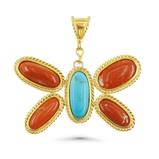 Mediterranean Coral and Egyptian Turquoise Butterfly Pendant
