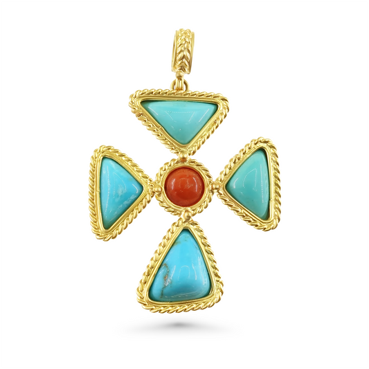 Egyptian Turquoise and Mediterranean Coral Cross Pendant