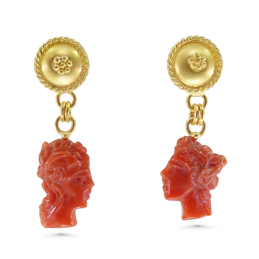 Mediterranean Coral Goddess Face Earrings
