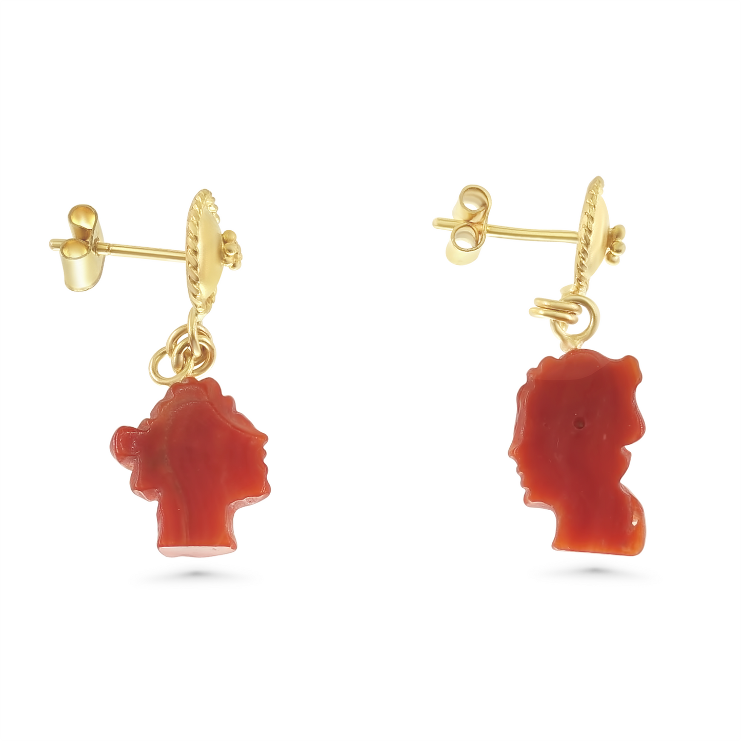 Mediterranean Coral Goddess Face Earrings